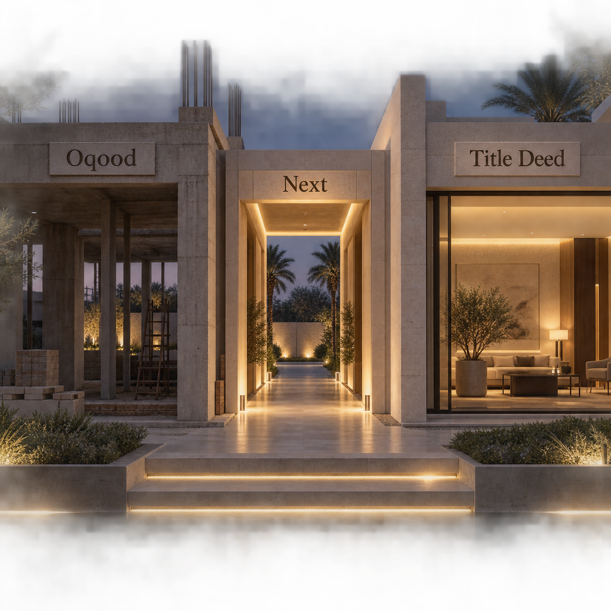 Oqood and title deed shown as two stages separated by the completion process