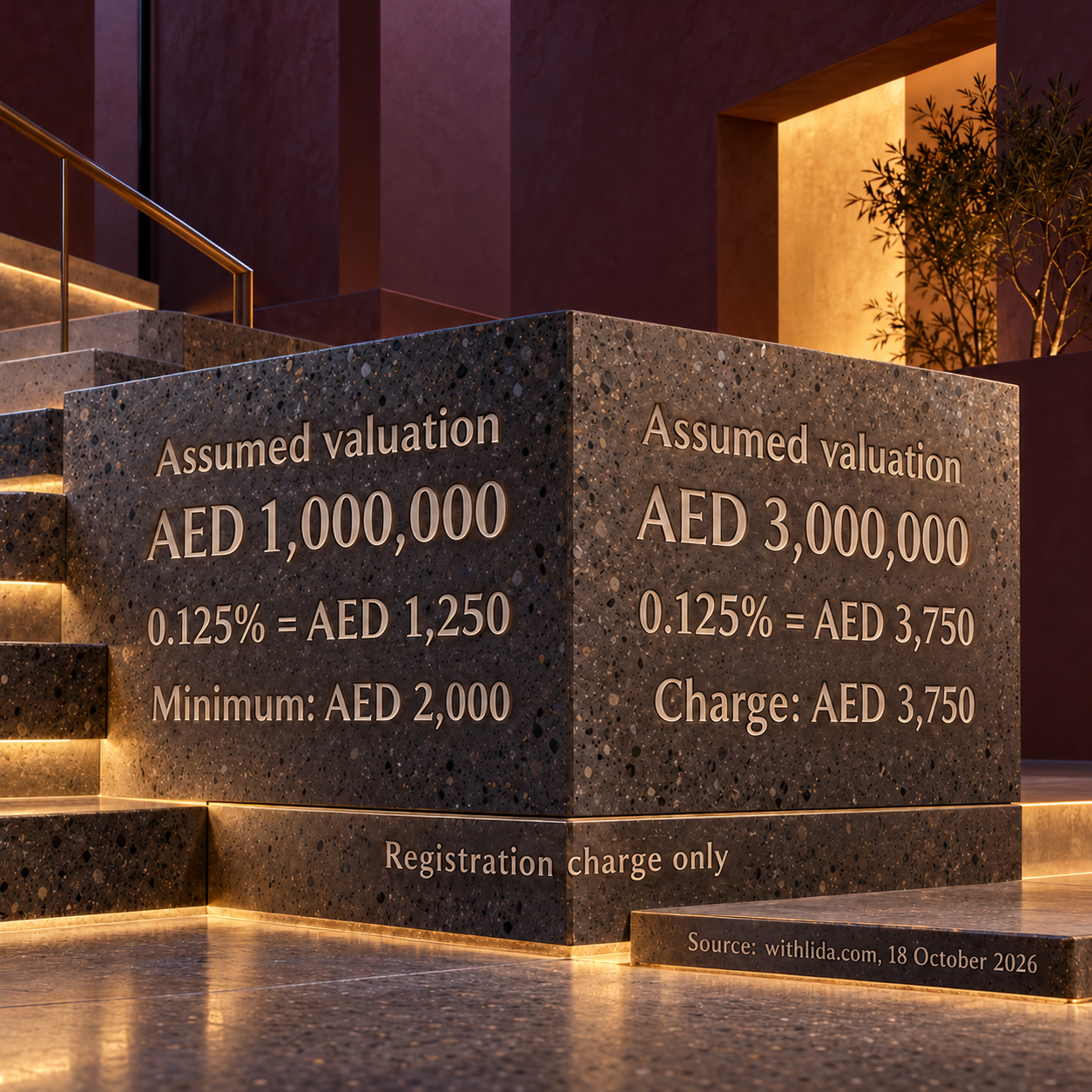 Two hypothetical valuations showing the minimum and percentage branches of the gift registration charge