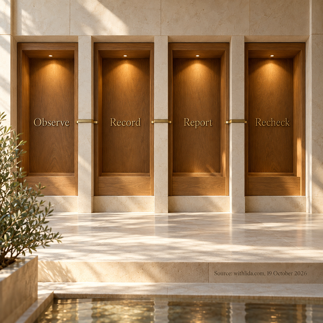 Four architectural bays labelled Observe, Record, Report and Recheck