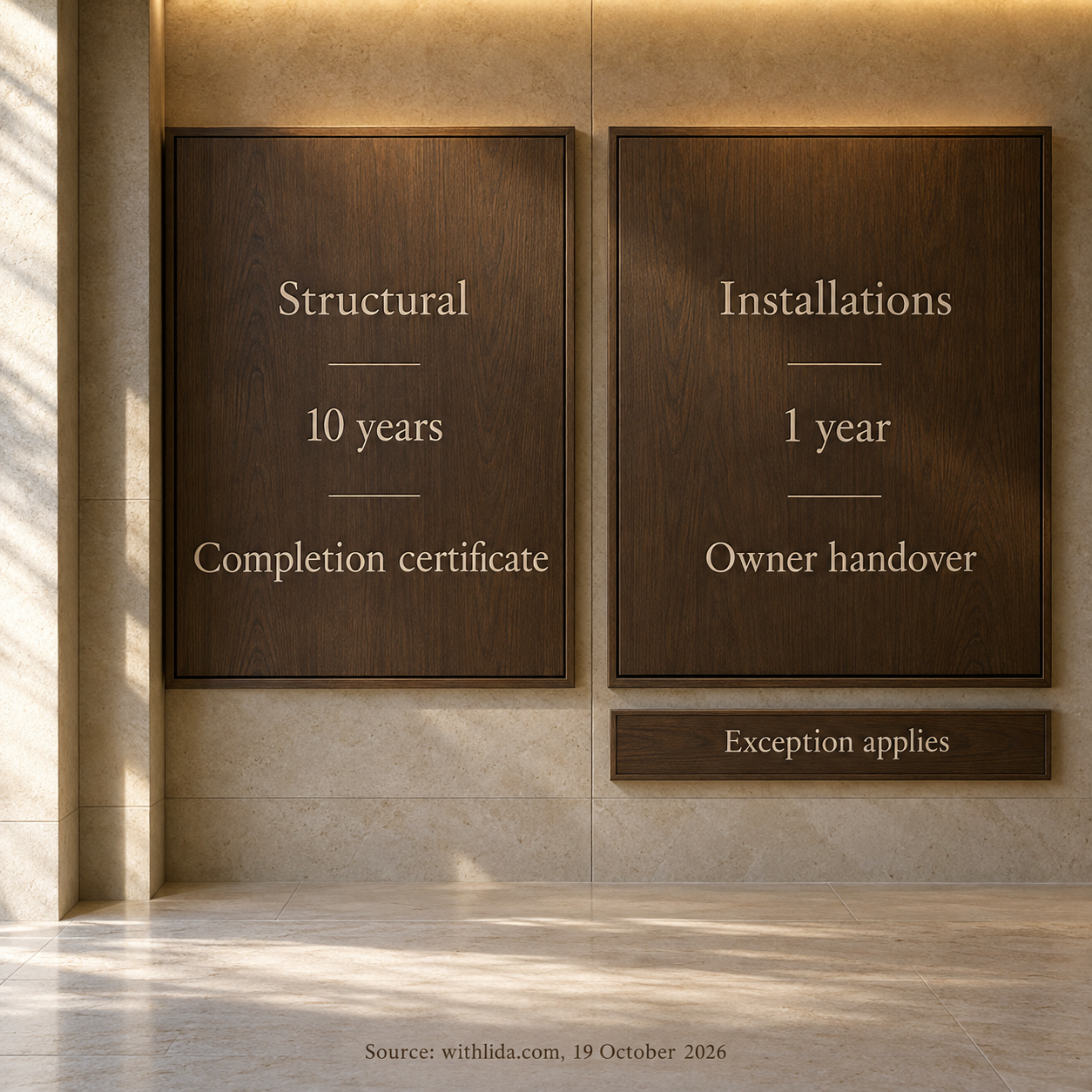 Separate structural and installation panels show 10 years from completion certificate and 1 year from owner handover, with an exception label