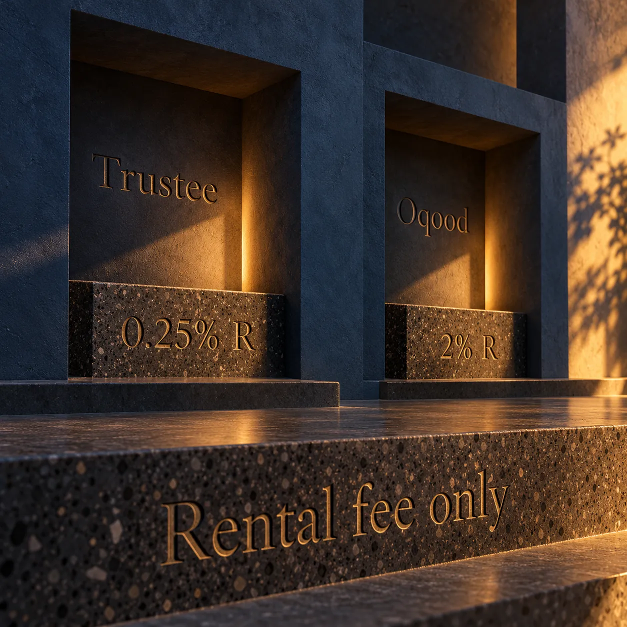 Separate trustee and Oqood recesses show their published rental-value components, 0.25% R and 2% R
