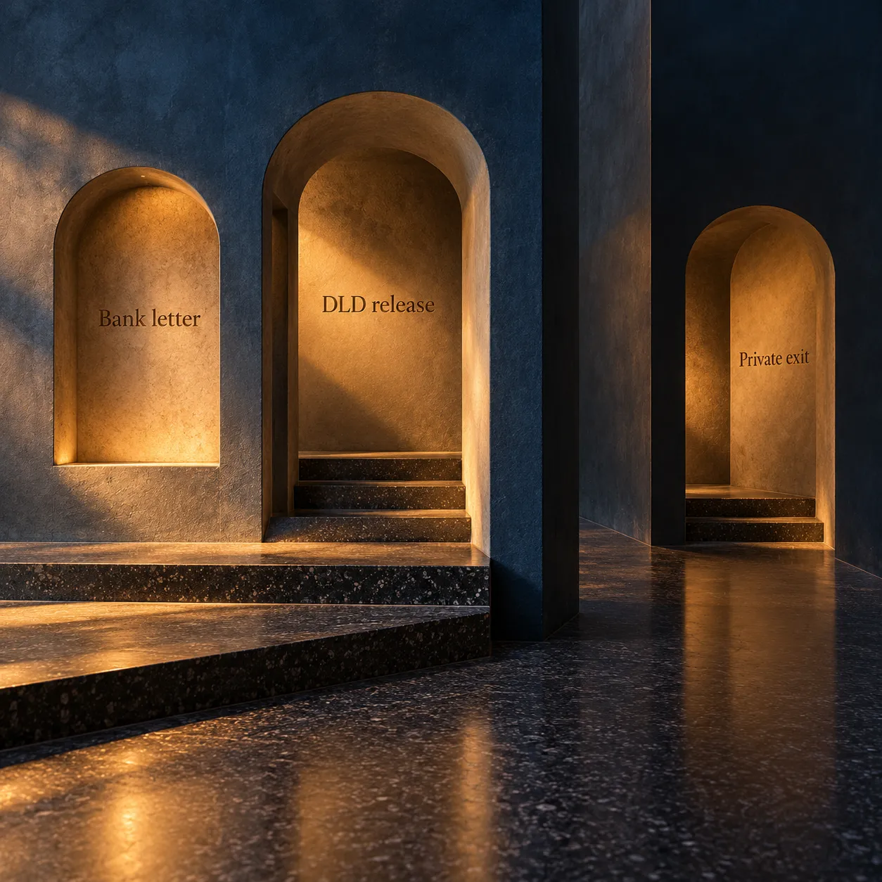 A bank-letter and DLD-release sequence stands separately from a private-exit alcove