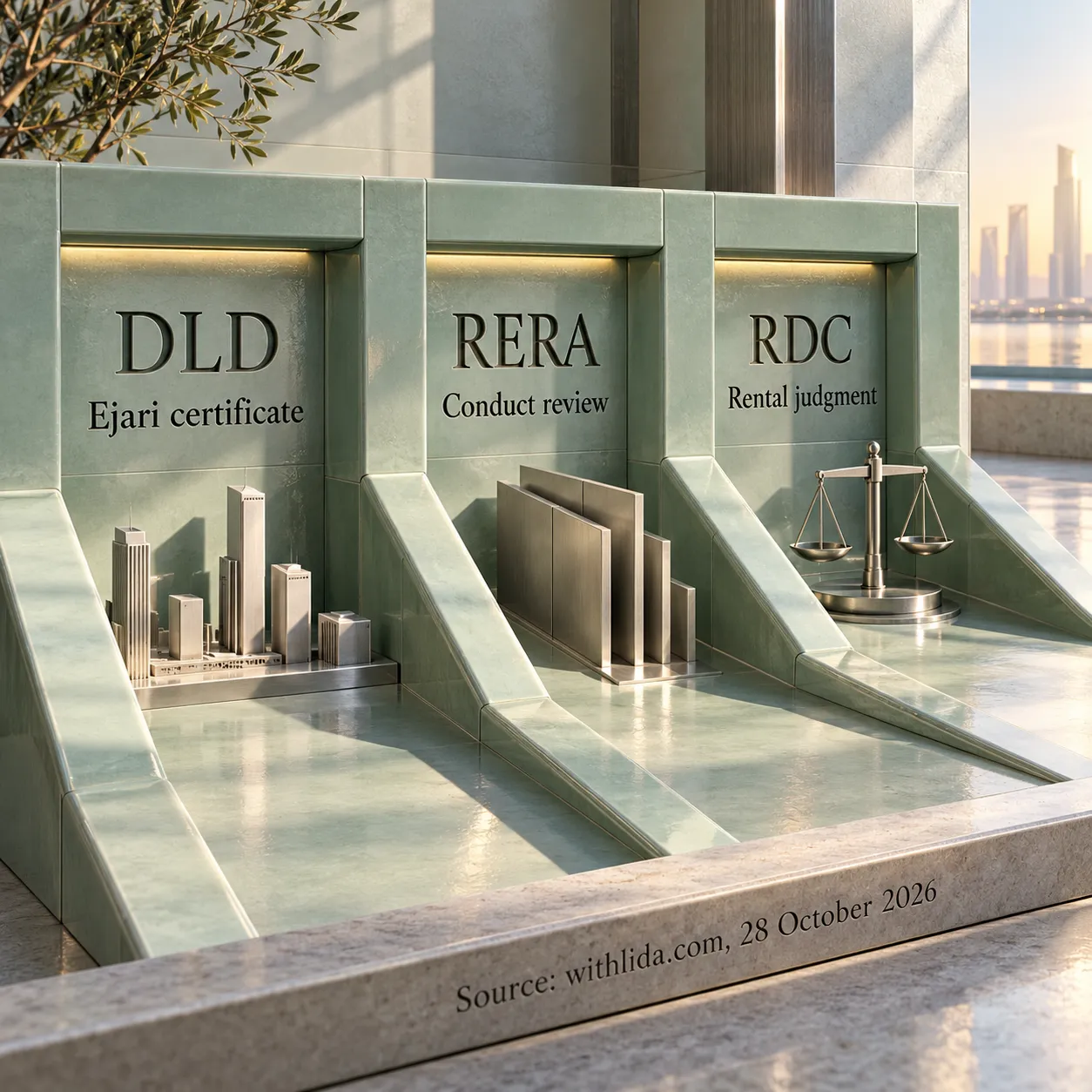 Separate DLD, RERA and RDC channels labelled Ejari certificate, conduct review and rental judgment