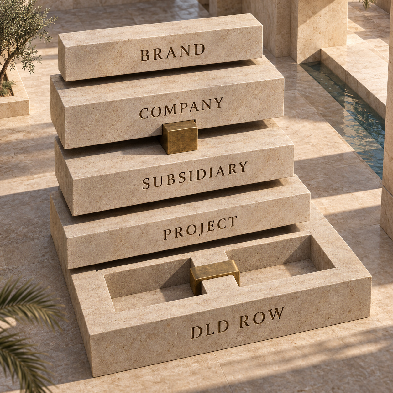 Five-level Sobha record model separating brand, company, subsidiary, named project and DLD project row