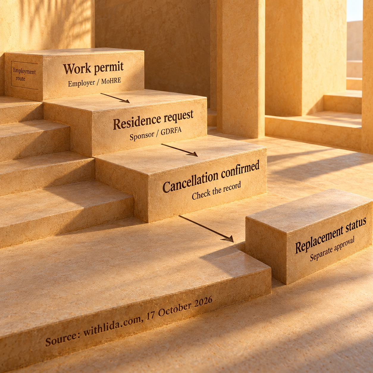Employment route: employer work-permit action, sponsor residence request, confirmed cancellation and a separate replacement-status process